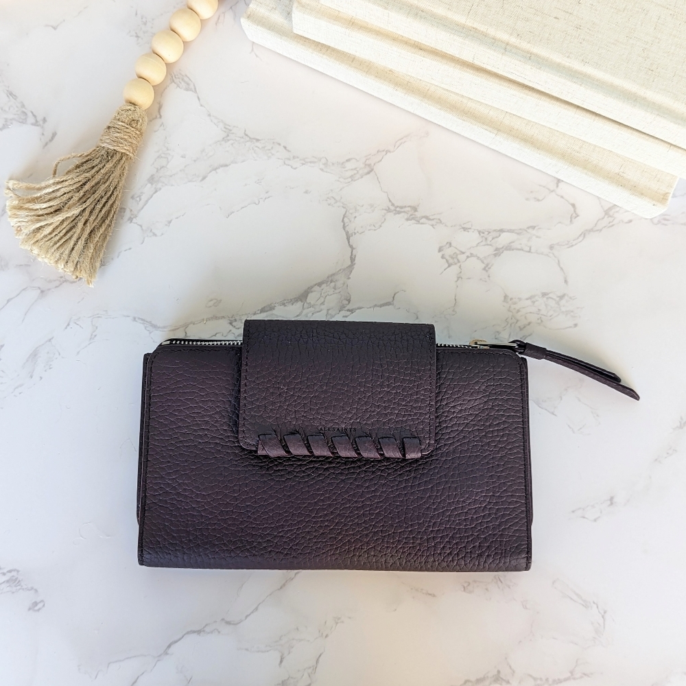 [ALLSAINTS] NWOT Kita Japanese Pebbled Leather Wallet in Rich Burgundy